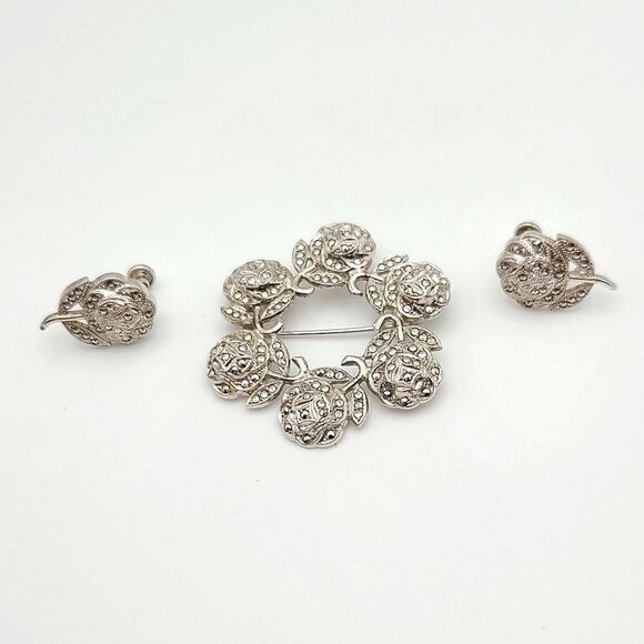 Vintage Sterling Silver  Marcasite Brooch Pin  and Earrings - Picture 4 of 7